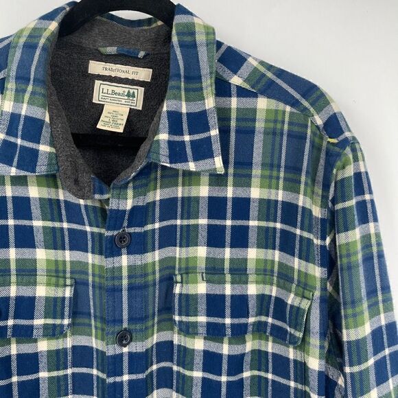LL Bean Mens Lg Flannel Sherpa Lined Shirt Blue Plaid Jacket Traditional Fit - Picture 4 of 7